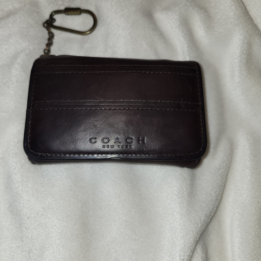 COACH Men's Dark Brown Leather Key Card Wallet with Keychain